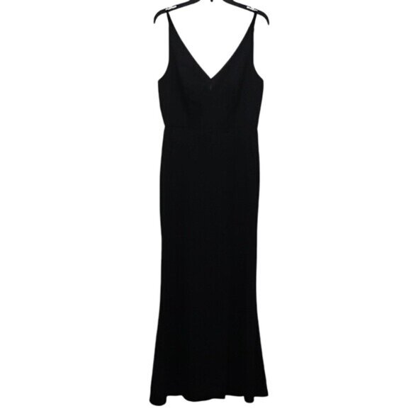 Thread Skinny Strap Deep V-Neck Crepe Trumpet Gown Front Slit Size 8 New Black - Picture 2 of 11
